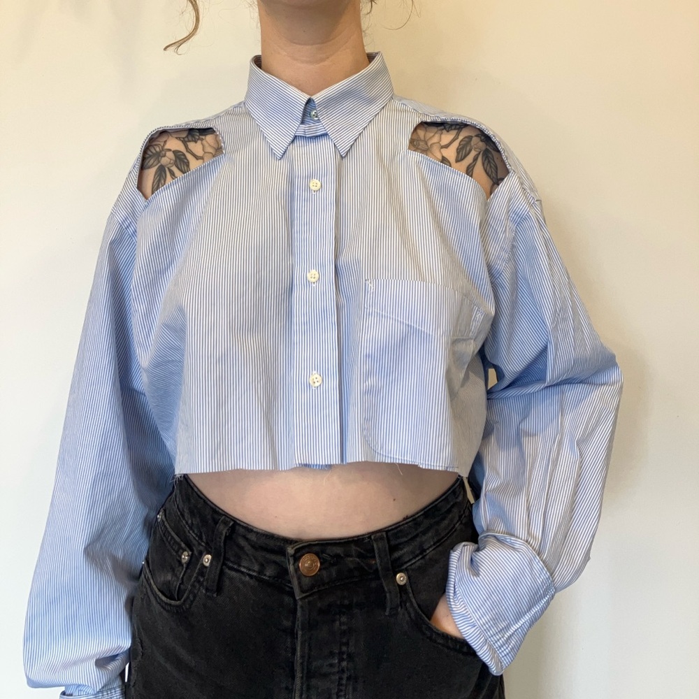 Reworked Tommy Hilfiger Light Blue Cutout Button-Down crop top Shirt